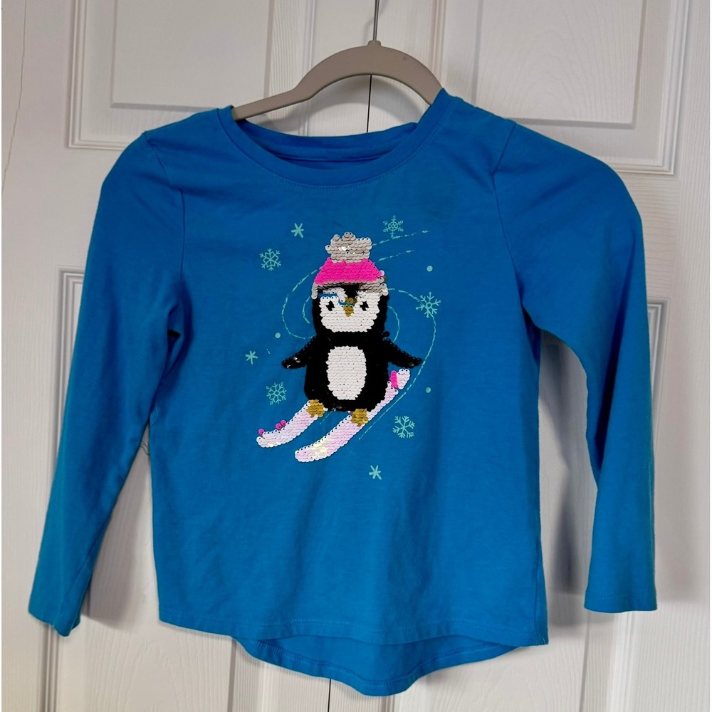 Cat & Jack Kids Long Sleeve Blue Penguin Skiing Sequin T-Shirt Size 7